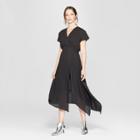 Women's Short Sleeve Scarf Hem Midi Dress - Prologue Black