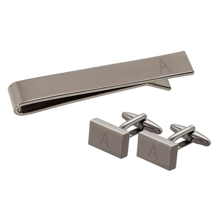 Cathy's Concepts Gray Personalized Rectangle Cuff Link And Tie Clip Set - A, Adult (18 Years And Up)