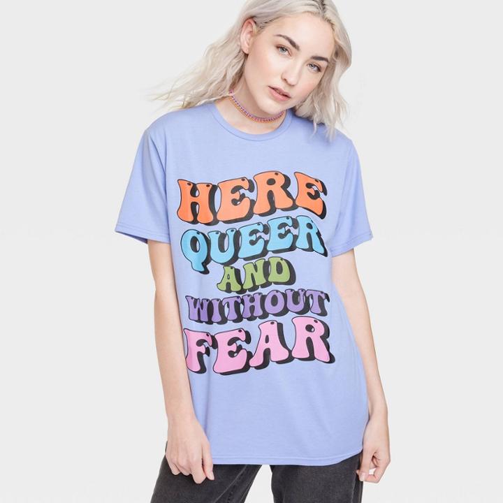 Equality Apparel Pride Adult 'here Queer And Without Fear' Short Sleeve T-shirt - Lilac Purple