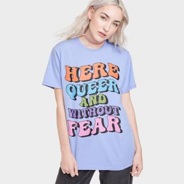 Equality Apparel Pride Adult 'here Queer And Without Fear' Short Sleeve T-shirt - Lilac Purple