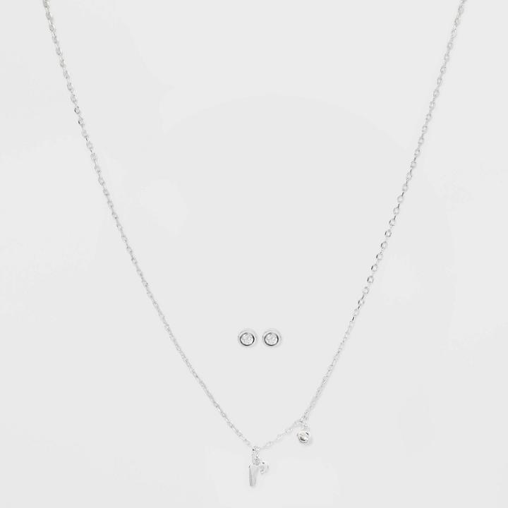 Silver Plated Cubic Zirconia Initial 'r' Chain Pendant Necklace And Earring Set - A New Day