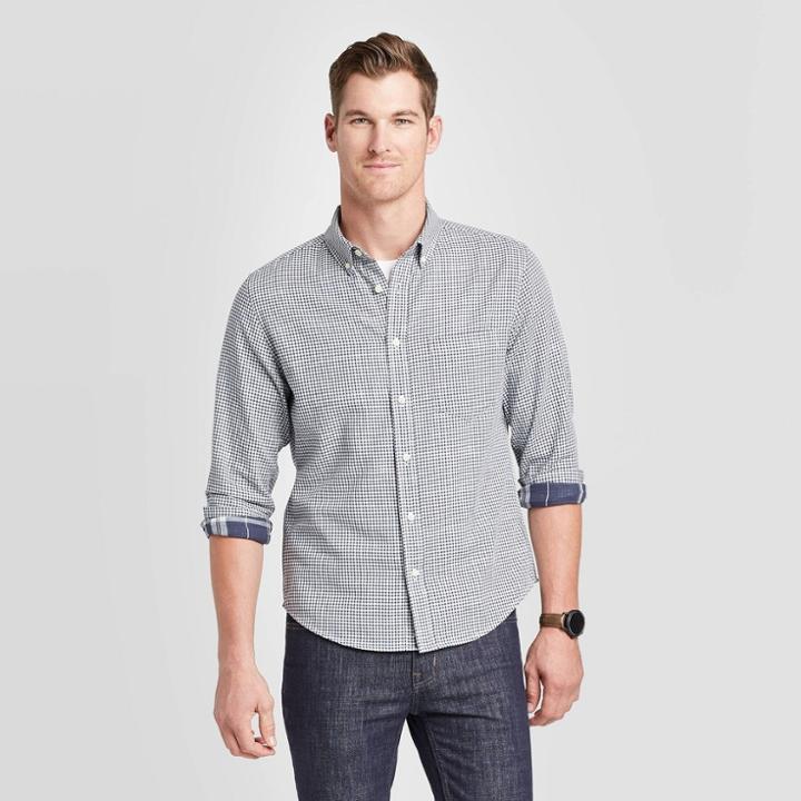 Men's Checked Standard Fit Long Sleeve Double Weave Button-down Shirt - Goodfellow & Co Cornelian Blue S, Men's,