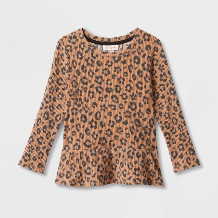 Toddler Girls' Animal Print Cozy Ribbed Top - Cat & Jack Brown