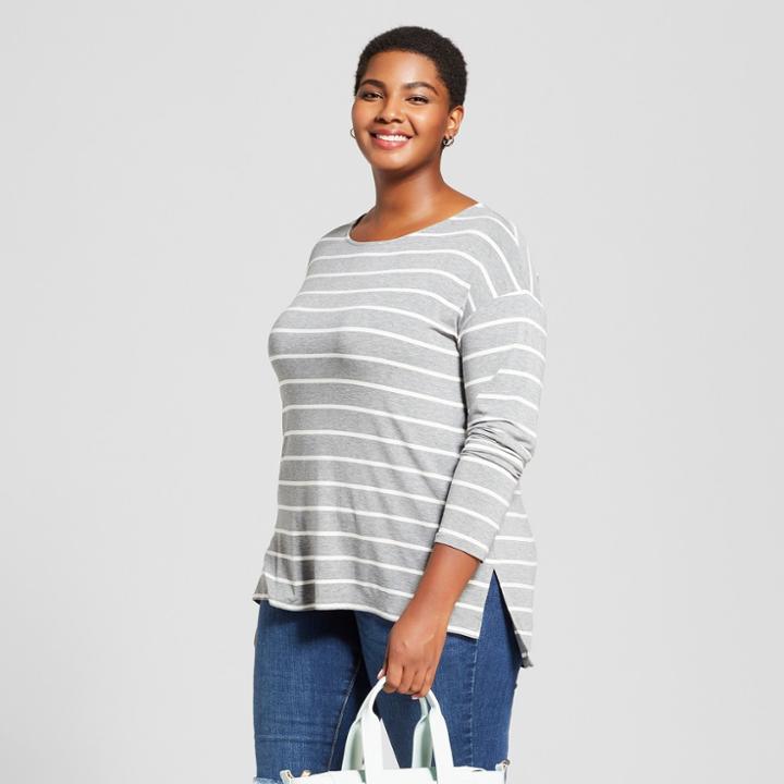 Women's Plus Size Striped Long Sleeve Drapey Boatneck T-shirt - Ava & Viv Gray