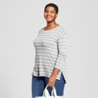Women's Plus Size Striped Long Sleeve Drapey Boatneck T-shirt - Ava & Viv Gray