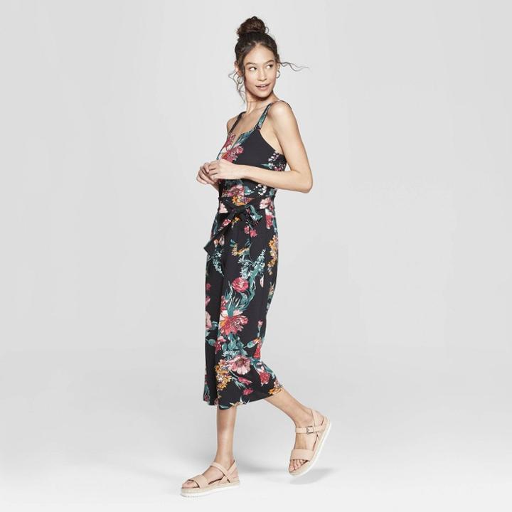 Women's Floral Print Strappy Tie Front Cropped Knit Jumpsuit - Xhilaration Black
