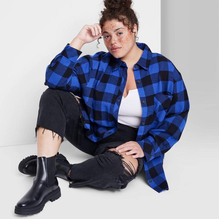 Women's Plus Size Long Sleeve Hi-low Oversized Flannel Shirt - Wild Fable Blue Plaid