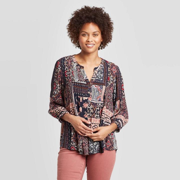 Women's Printed Long Sleeve V-neck Blouse - Knox Rose Navy Xs, Women's, Blue
