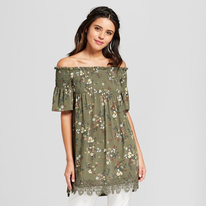 Women's Floral Off The Shoulder Smocked Top Babydoll Dress - Xhilaration Green Olive