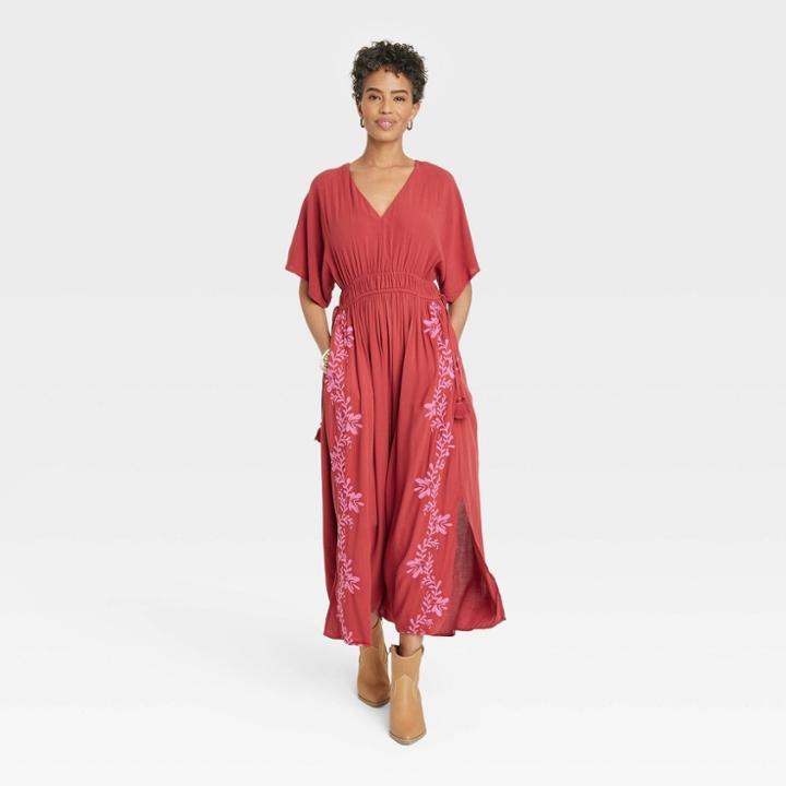 Women's Flutter Short Sleeve Embroidered Kaftan A-line Dress - Knox Rose Red Floral
