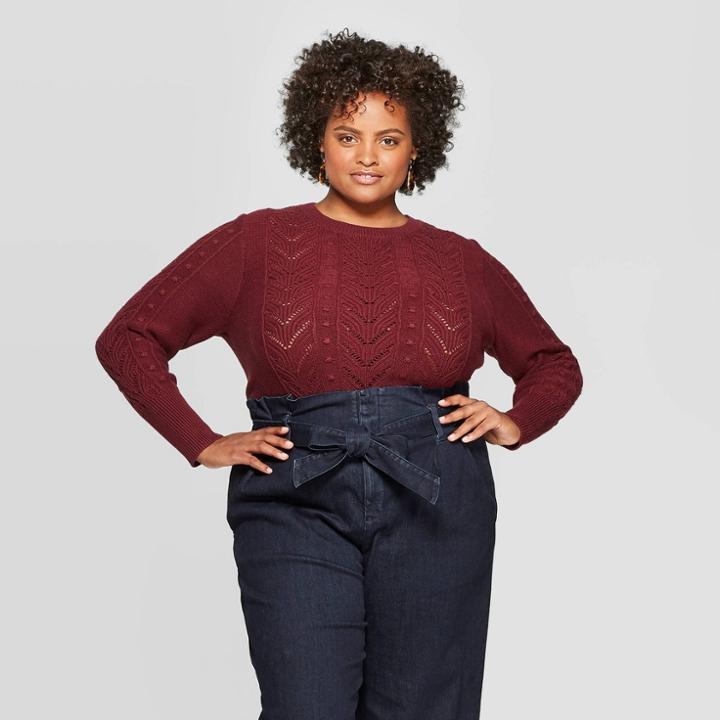 Women's Plus Size Long Sleeve Crewneck Pullover Sweater - A New Day Burgundy 4x,