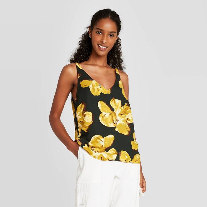 Women's Floral Print Essential Tank Top - A New Day Dark Green