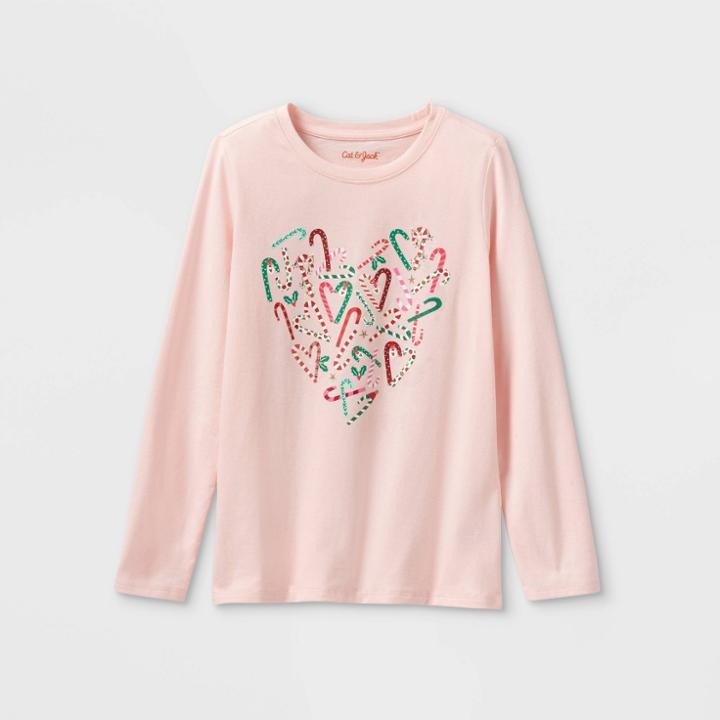Girls' 'christmas Candy Cane Heart' Long Sleeve Graphic T-shirt - Cat & Jack Powder Pink