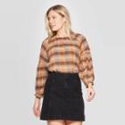 Women's Plaid Dressy Long Sleeve Crewneck Popover Top - Universal Thread Brown