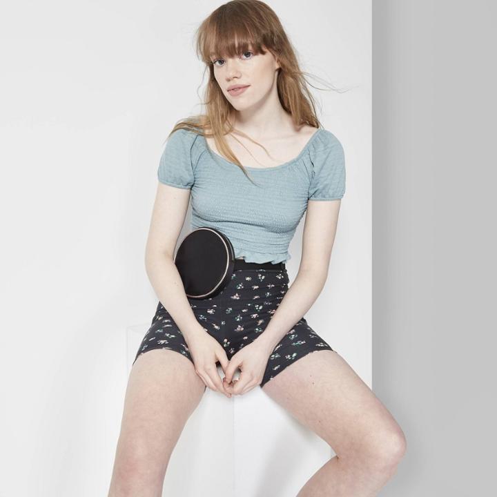 Women's Short Sleeve Scoop Neck Smocked Cropped Top - Wild Fable Teal
