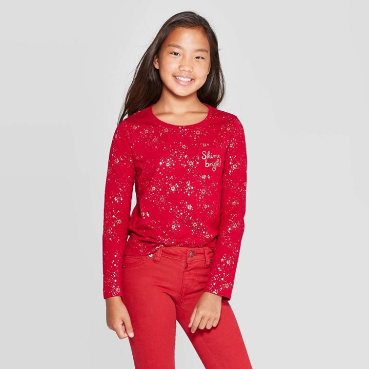 Girls' Long Sleeve Shine Bright Pocket T-shirt - Cat & Jack - Dark Red M, Girl's,