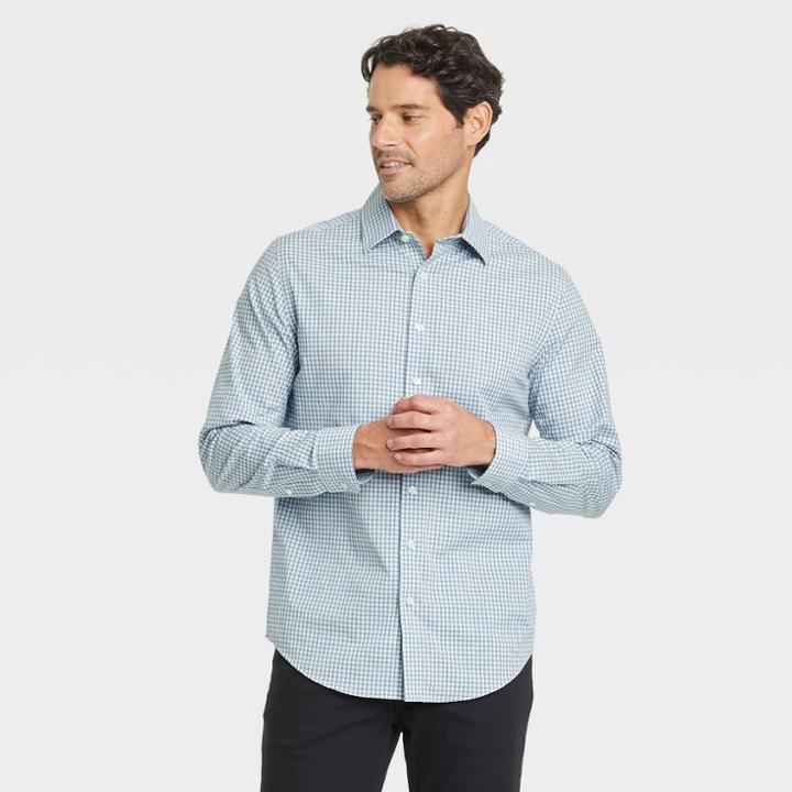 Men's Checked Slim Fit Performance Dress Long Sleeve Button-down Shirt - Goodfellow & Co Aqua Blue/checked