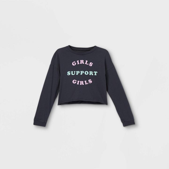 Girls' 'girls Support Girls' Graphic Long Sleeve T-shirt - Harper & Elliott Charcoal Gray