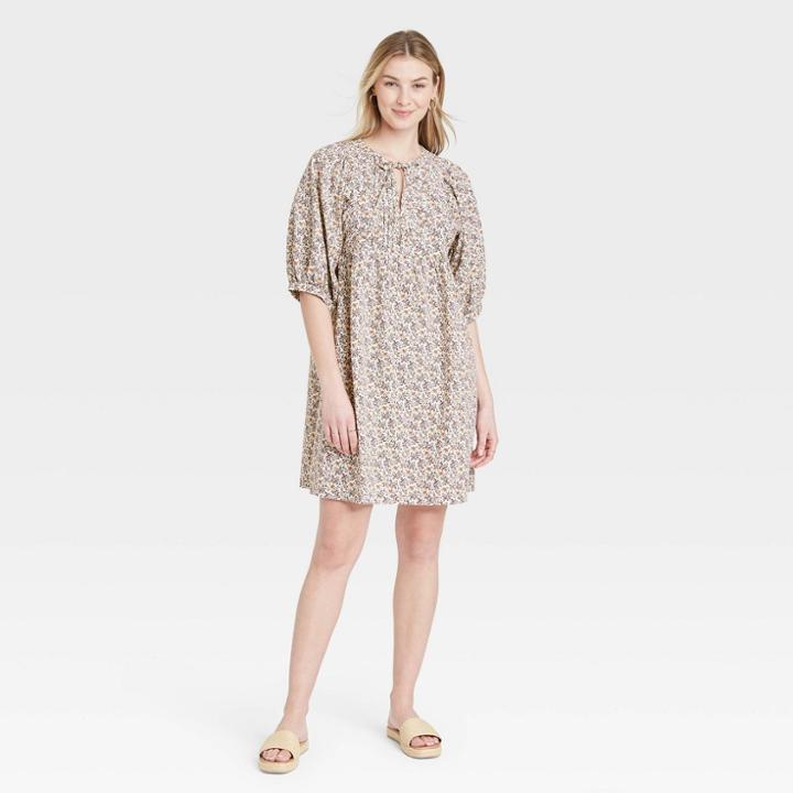 Women's Floral Print Puff Elbow Sleeve Babydoll Dress - Universal Thread Burgundy