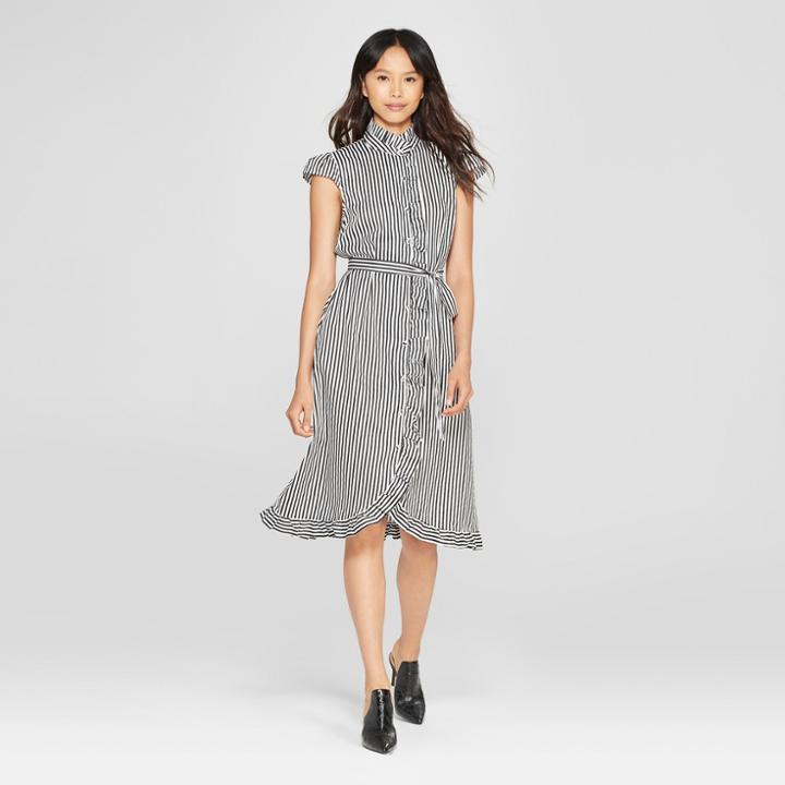 Women's Striped Button-down Frilled Dress - Who What Wear Black/white L, Black/white