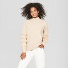 Women's Long Sleeve Faux Fur Detail Crew Neck Sweater - Cliche Blush