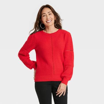 Women's Crewneck Pointelle Sweater - Knox Rose Red
