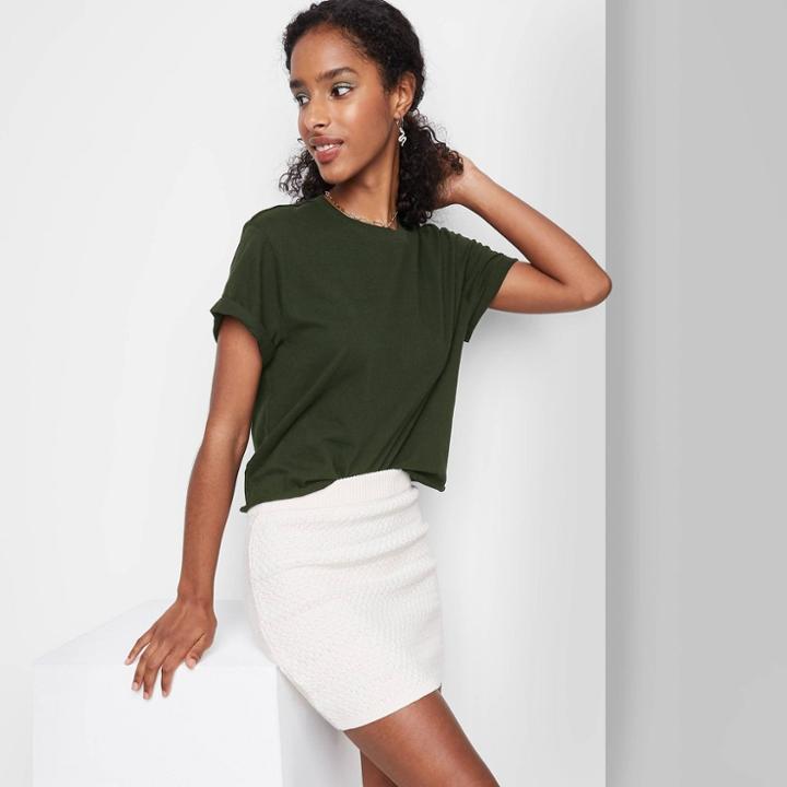Women's Short Sleeve Roll Cuff Boxy T-shirt - Wild Fable Olive Green