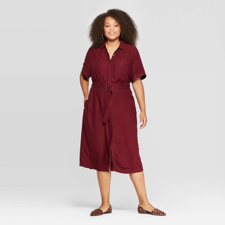 Women's Plus Size Short Sleeve V-neck Midi Shirtdress - A New Day Burgundy