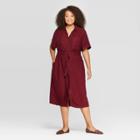 Women's Plus Size Short Sleeve V-neck Midi Shirtdress - A New Day Burgundy