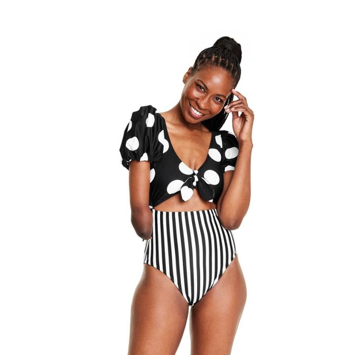 Women's Striped/dot Print Puff Sleeve Tie-front One Piece Swimsuit - Tabitha Brown For Target Black/white Xxs
