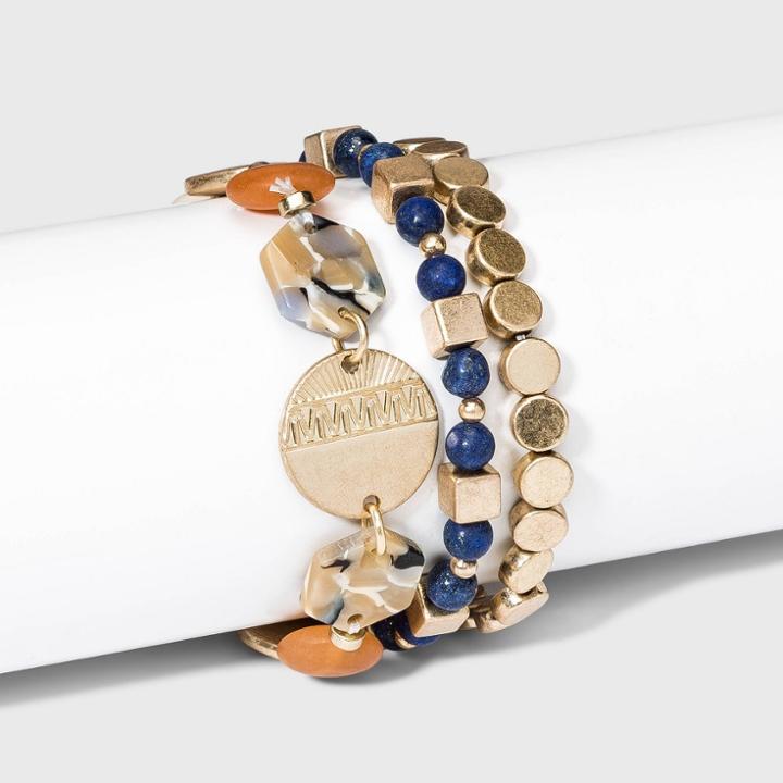 Semi-precious Opal, Red Aventurine And Blue Lapis Stretch Bracelet Set 3pc - Universal Thread Blue
