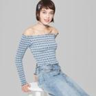 Women's Long Sleeve Gingham Smocked Cropped Top - Wild Fable Blue