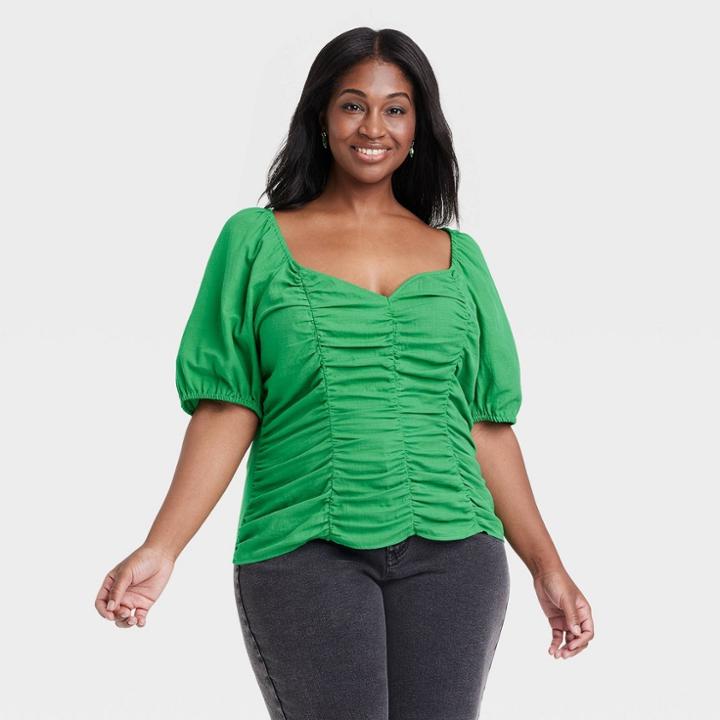 Women's Puff Short Sleeve Blouse - Ava & Viv Green
