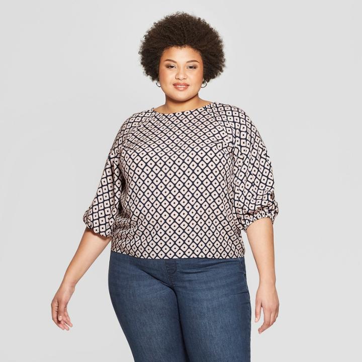Women's Plus Size Printed 3/4 Sleeve Pleated Blouse - Ava & Viv Pink X