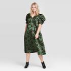Women's Plus Size Floral Print Shirred Short Sleeve V-neck A Line Midi Dress - Who What Wear Green 1x, Women's,