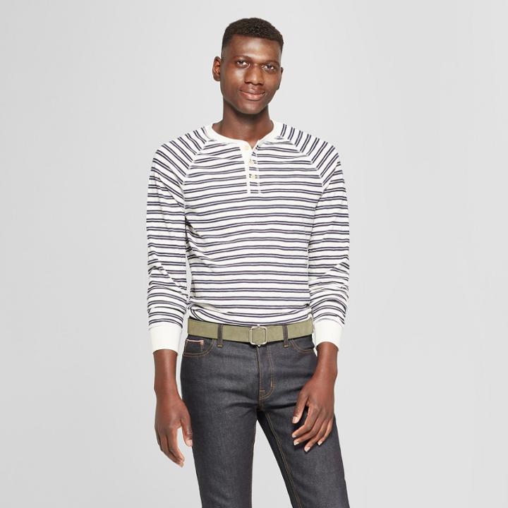 Men's Striped Standard Fit Long Sleeve Jersey Henley Shirt - Goodfellow & Co White
