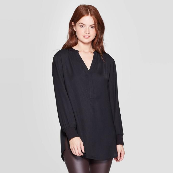 Women's Long Sleeve V-neck Woven Tunic - A New Day Black