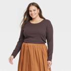 Women's Plus Size Long Sleeve Ribbed T-shirt - A New Day Dark Brown
