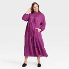 Women's Plus Size Floral Print High Neck Long Sleeve Tiered Dress - A New Day Purple