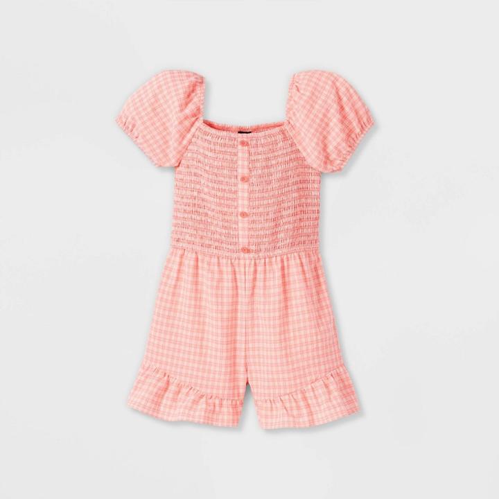 Girls' Puff Sleeve Romper - Art Class Rust Plaid