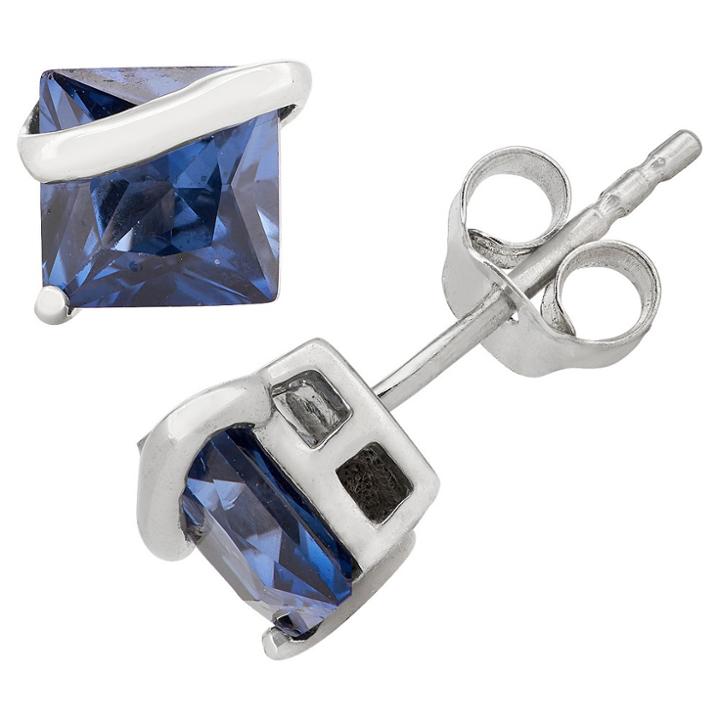 Tiara Princess-cut Sapphire Stud Earrings In Sterling Silver, Women's
