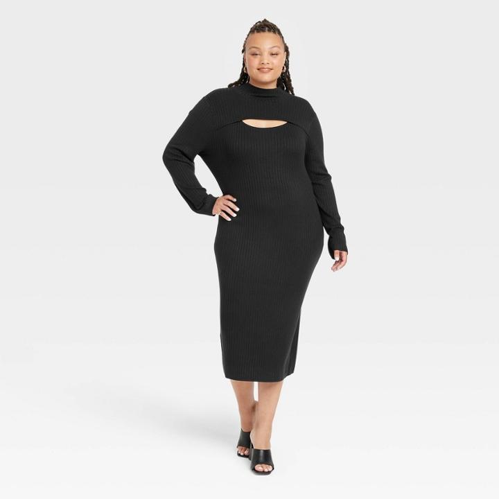 Women's Plus Size Long Sleeve Cut-out Sweater Dress - Ava & Viv Black X