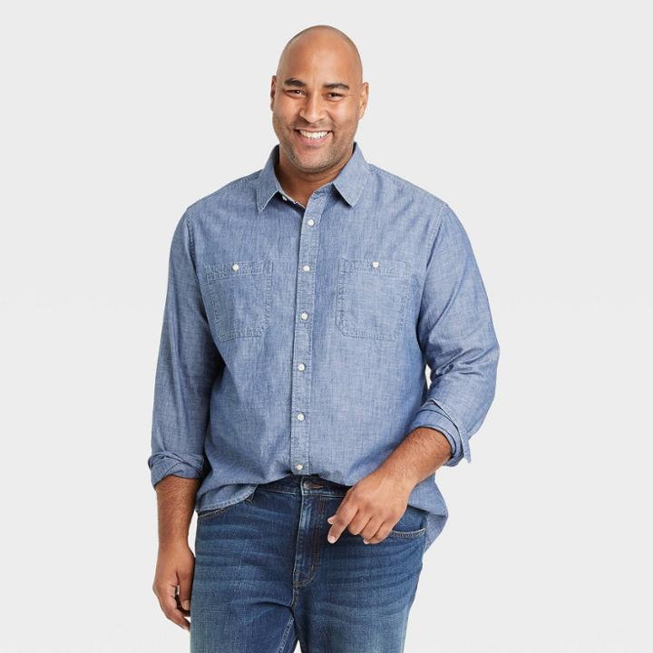 Men's Tall Standard Fit Stretch Long Sleeve Button-down Shirt - Goodfellow & Co Deep Blue