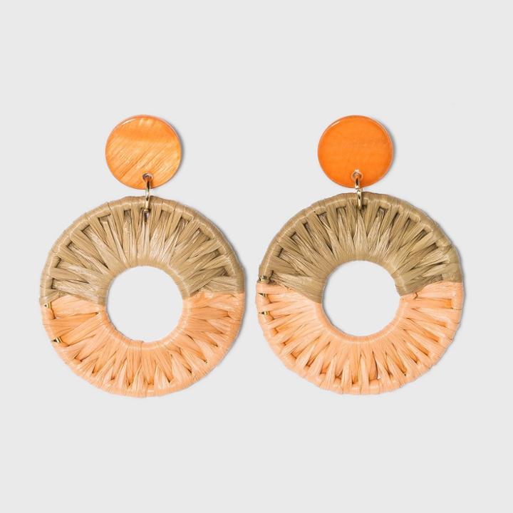 Shell Disc Post With Woven Raffia Drop Earrings - A New Day Blush Peach, Blush Pink