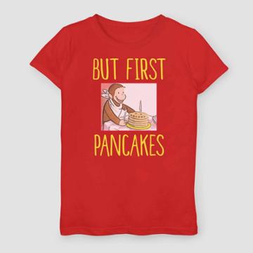 Fifth Sun Girls' Curious George But First Pancakes T-shirt - Red