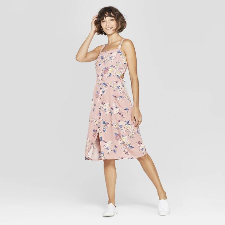 Women's Floral Print Strappy Button Front Midi Dress - Xhilaration Rose