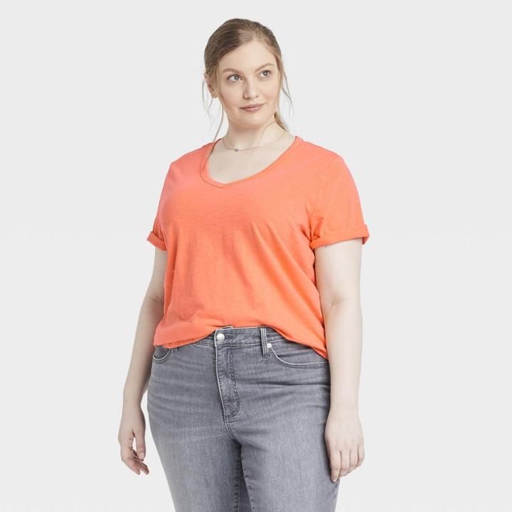Women's Plus Size Short Sleeve V-neck T-shirt - Universal Thread Coral Orange