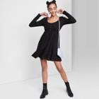 Women's Long Sleeve Waffle Knit Babydoll Dress - Wild Fable Black