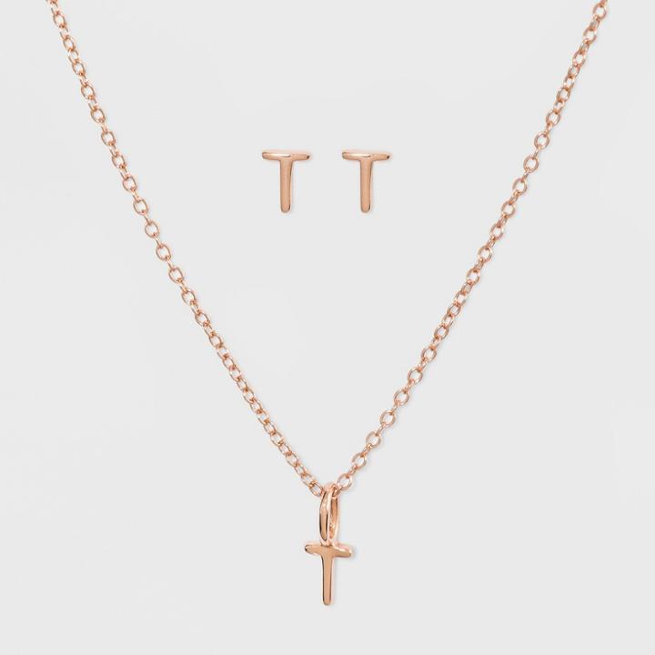 Sterling Silver Initial T Earrings And Necklace Set - A New Day Rose Gold, Girl's, Rose Gold - T