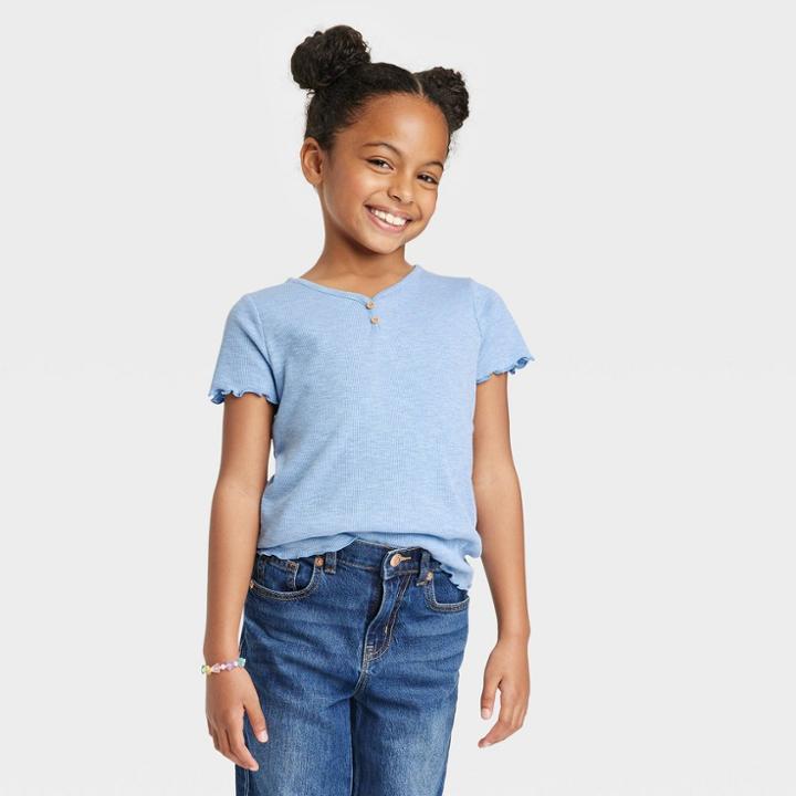 Girls' Short Sleeve Ribbed T-shirt - Cat & Jack Sky Blue